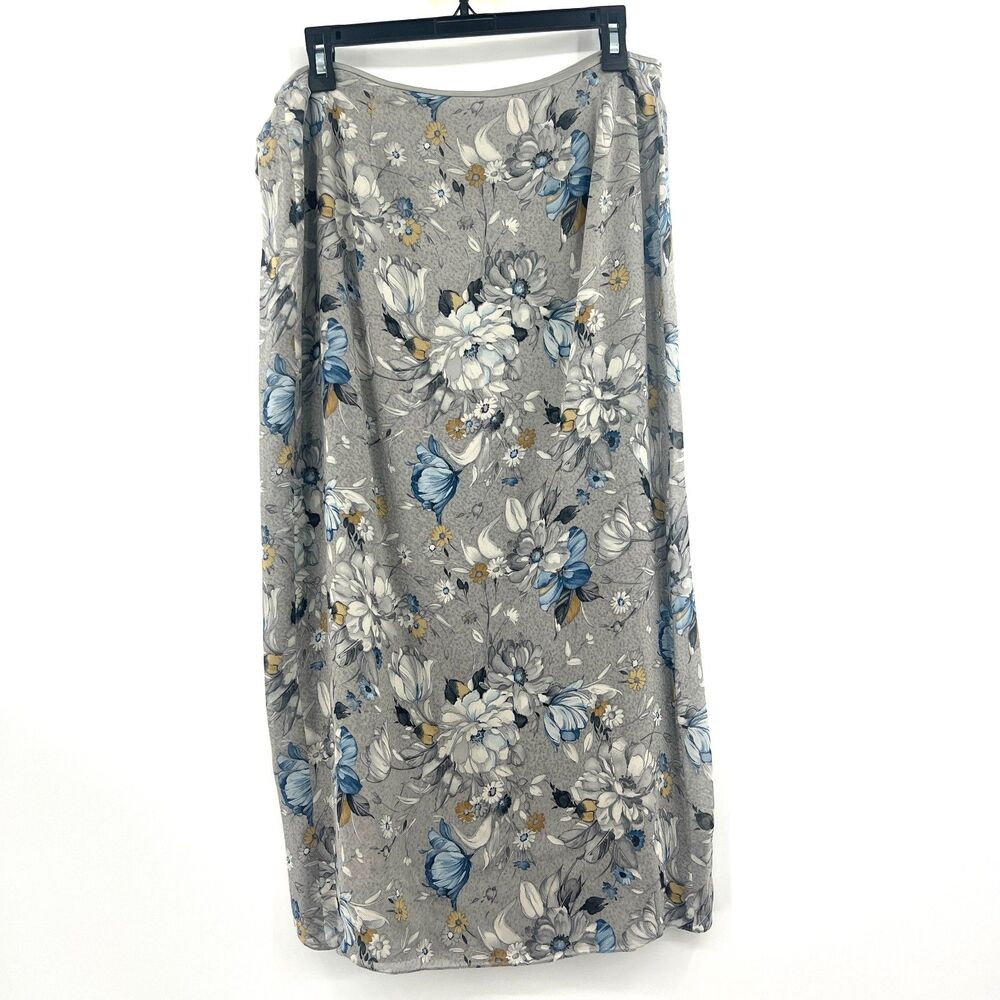 Dana Buchman Petite 10 Gray Blue Floral 100% Silk Lined Maxi Skirt Side Tie